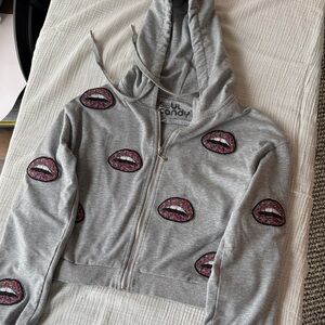 Gray Hoodie with Lip Print